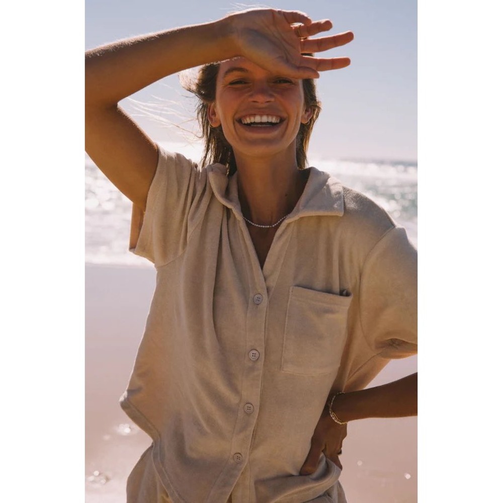 Araminta James Terry Cloth‎ Button Down Shirt Cream Sand Short Sleeve large